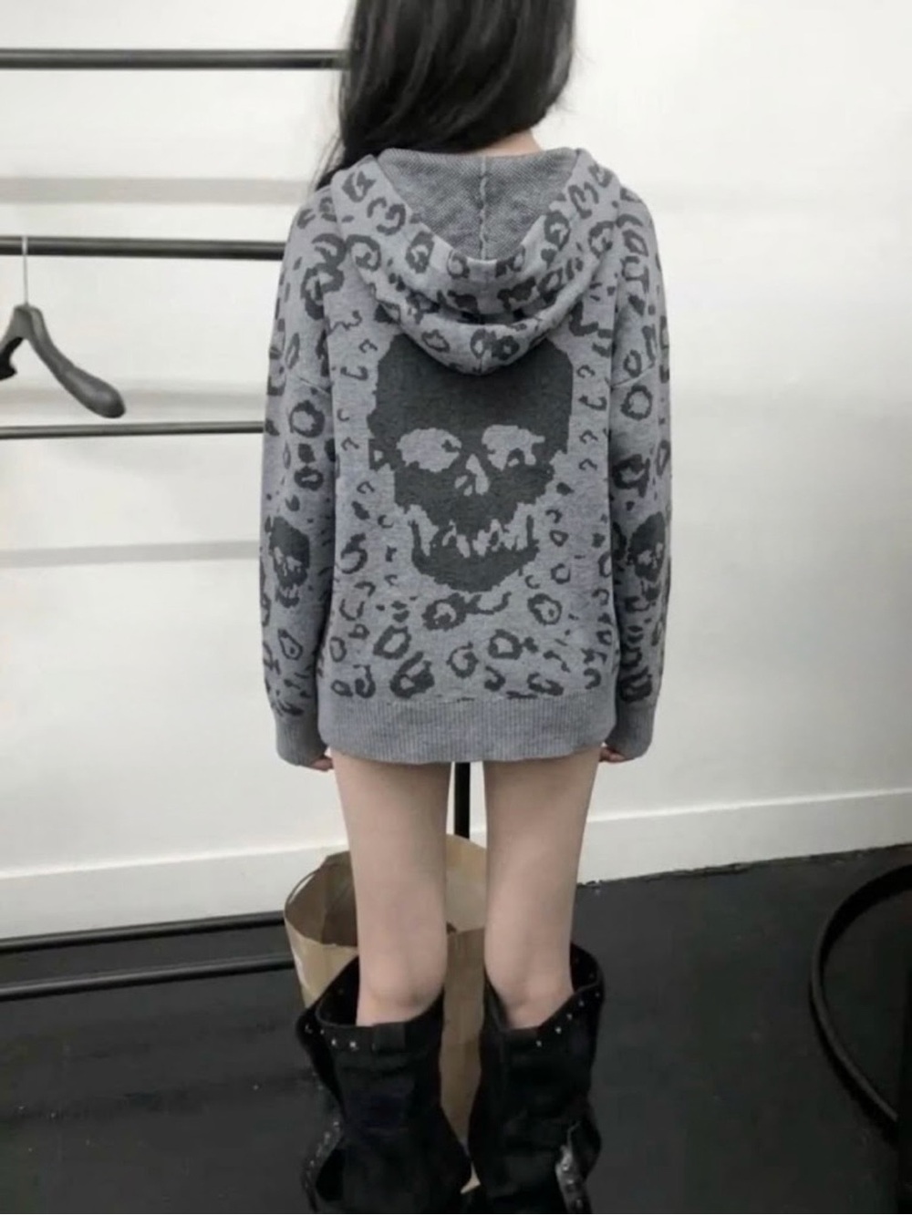 Gray Skull Leopard Print Knit Hoodie